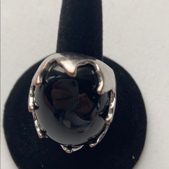 Funky polished black stone & silver tone ring 6.5 - Picture 13 of 16